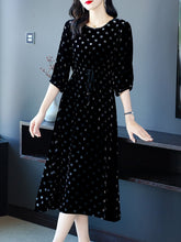 Womens Black Polka Dot Silk Midi Dress with Drawstring Waist